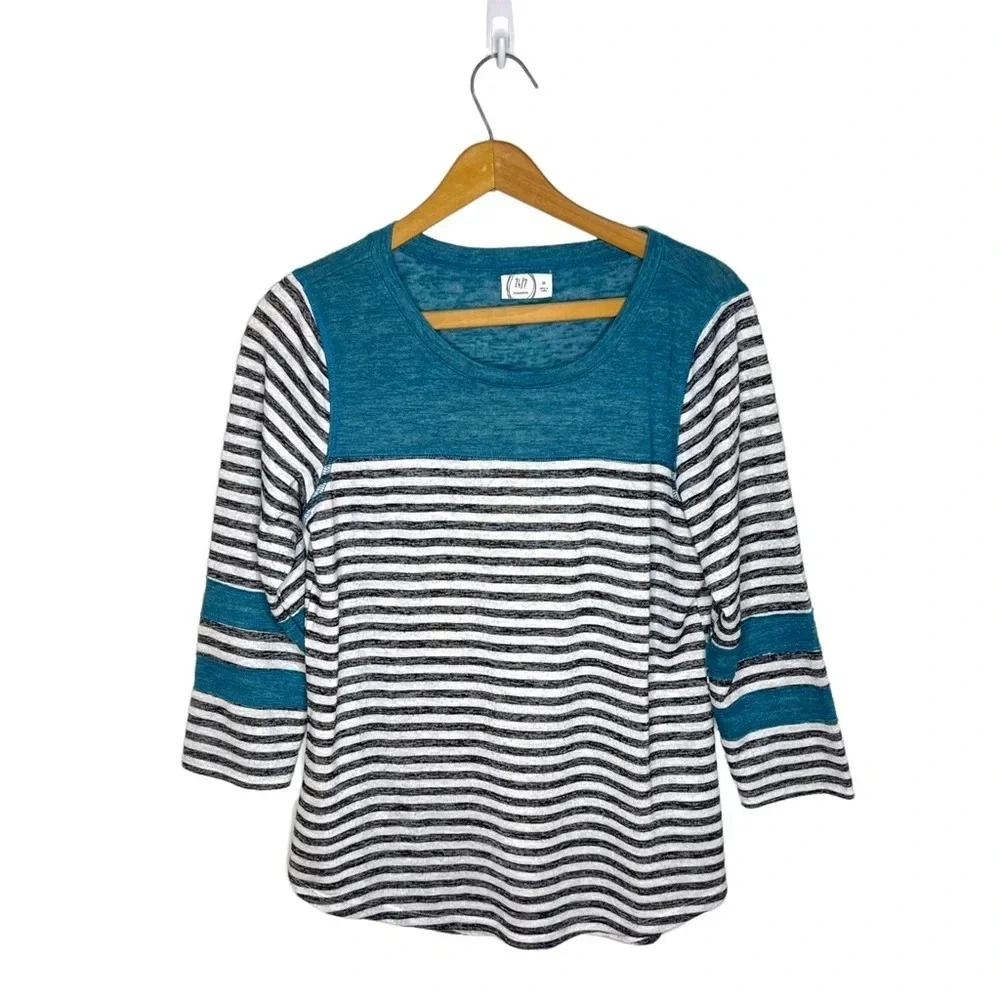 MAURICES 24/7 Striped Color Block Quarter Sleeve Crewneck Shirt